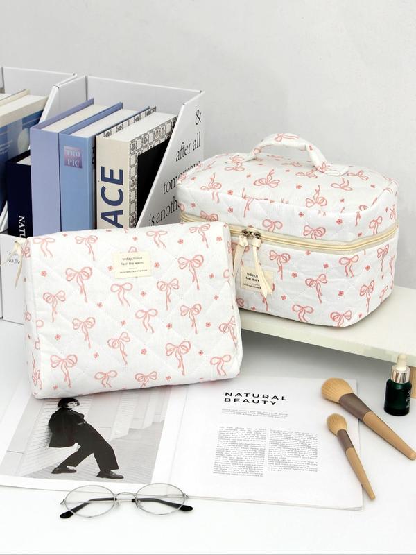 Cute Bow Pattern Makeup Bag Set, Portable Cosmetic Storage Bag, Zipper Makeup Organizer Pouch, Versatile Storage Bag for Travel & Daily Use