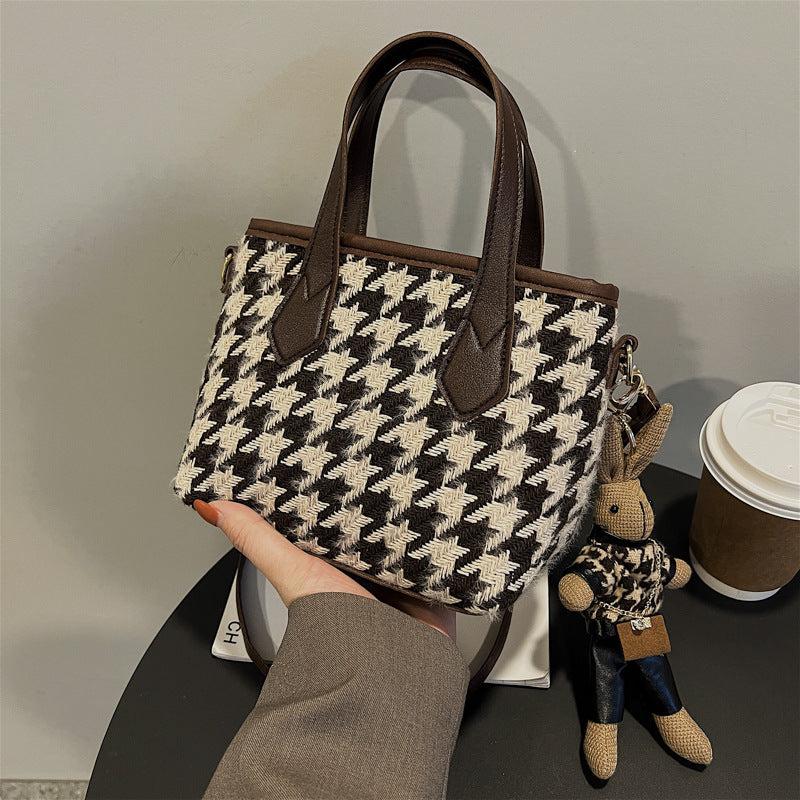 All-match Brown Check Houndstooth Portable Messenger Bag with Pendant and Handle, Nylon Material