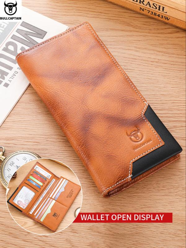 Men's Summer Business Fashion Patchwork Pattern Long Wallet, Vintage Cowhide Zipper Bifold Wallet, Portable Coin Purse for Daily Back To School, Fall Outfits, Earthtone Fall Freshness