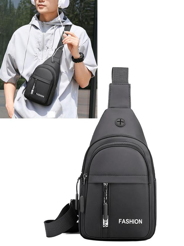 Men's Casual Letter Design Zipper Sling Bag with Independent Headphone Jack, Lightweight Large Capacity Waterproof Nylon Crossbody Bag, Casual Trendy Versatile High-quality Daily Commuting Bag