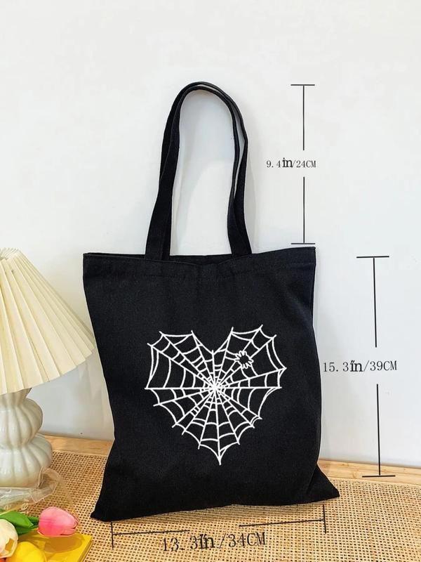 Women's Love Spider Web Print Canvas Shoulder Bag Perfect As Gift, Simple Lightweight Large Capacity Shopping Tote Bag, Creative Personality High Quality Commuter Bag