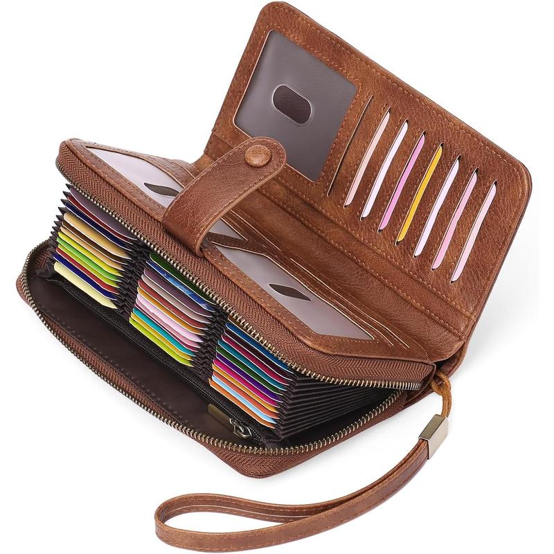 Leather Credit Card Holder Wallet for Women RFID Blocking Large Capacity Bifold Zipper Card Case Organizer with Wristlet 45 Slots