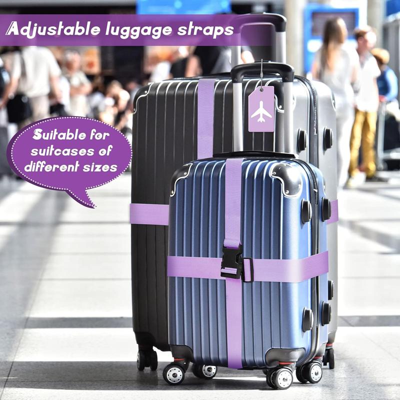 8 Pcs Luggage Straps Suitcase Tags Set for TSA Approved, 4 Travel Adjustable Suitcase Belt, 4 Silicone Luggage Tags with Name ID Card Travel Accessories(Light Purple)