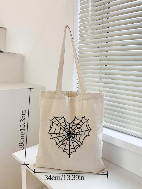 Women's Love Spider Web Print Canvas Shoulder Bag Perfect As Gift, Simple Lightweight Large Capacity Shopping Tote Bag, Creative Personality High Quality Commuter Bag