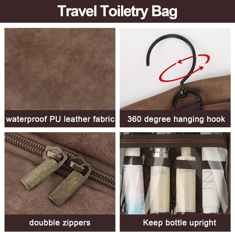 Toiletry Bag for Men, Hanging Travel Organizer, 3 in 1 Multifunctional Dopp Kit Shaving Bag, Cosmetic Bag with Hooks, Water-resistant PU Leather