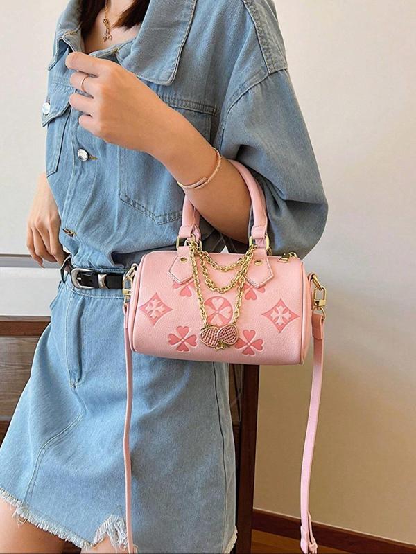 Women's Fashion Floral Embossed Handbag, PU Leather Shoulder Crossbody Bag with Chain Decor, Luxury Designer Handbags, Vintage Boston Bag, Trendy Versatile High-quality Daily Commuting Bag