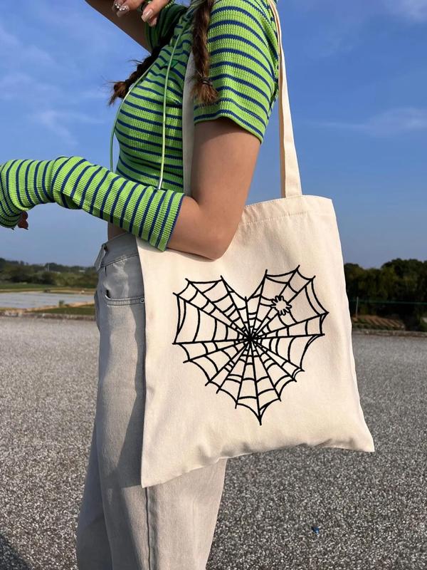 Women's Love Spider Web Print Canvas Shoulder Bag Perfect As Gift, Simple Lightweight Large Capacity Shopping Tote Bag, Creative Personality High Quality Commuter Bag