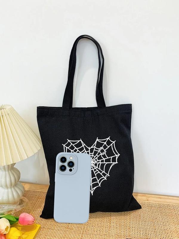 Women's Love Spider Web Print Canvas Shoulder Bag Perfect As Gift, Simple Lightweight Large Capacity Shopping Tote Bag, Creative Personality High Quality Commuter Bag