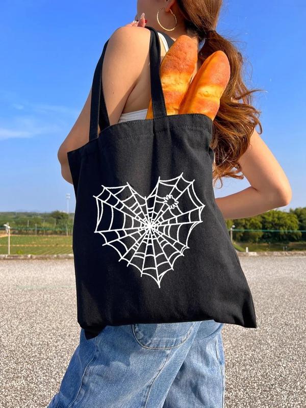 Women's Love Spider Web Print Canvas Shoulder Bag Perfect As Gift, Simple Lightweight Large Capacity Shopping Tote Bag, Creative Personality High Quality Commuter Bag