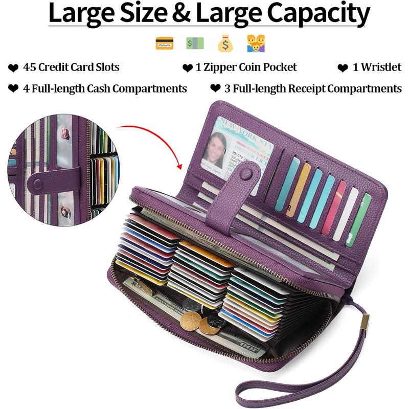 Leather Credit Card Holder Wallet for Women RFID Blocking Large Capacity Bifold Zipper Card Case Organizer with Wristlet 45 Slots