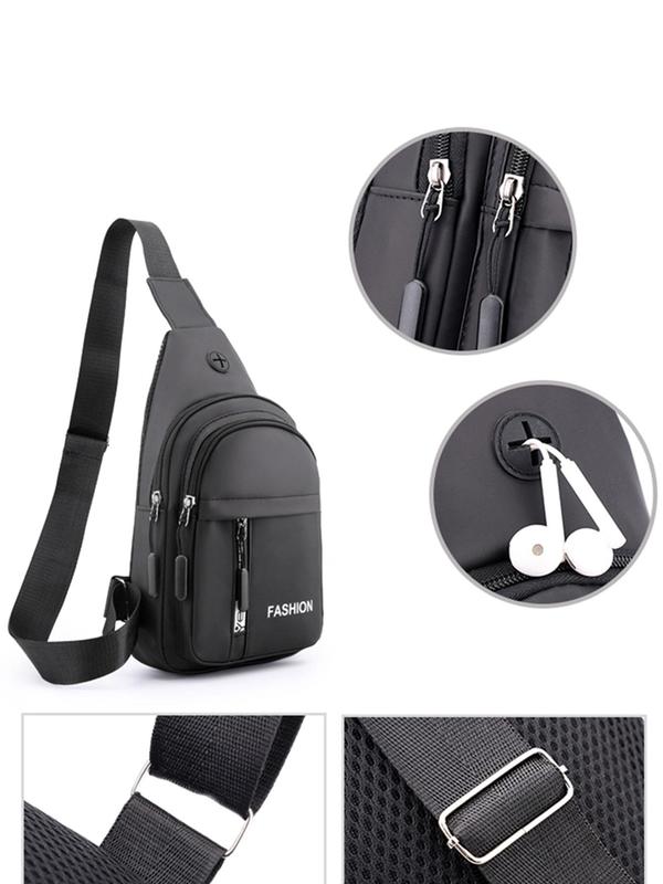 Men's Casual Letter Design Zipper Sling Bag with Independent Headphone Jack, Lightweight Large Capacity Waterproof Nylon Crossbody Bag, Casual Trendy Versatile High-quality Daily Commuting Bag