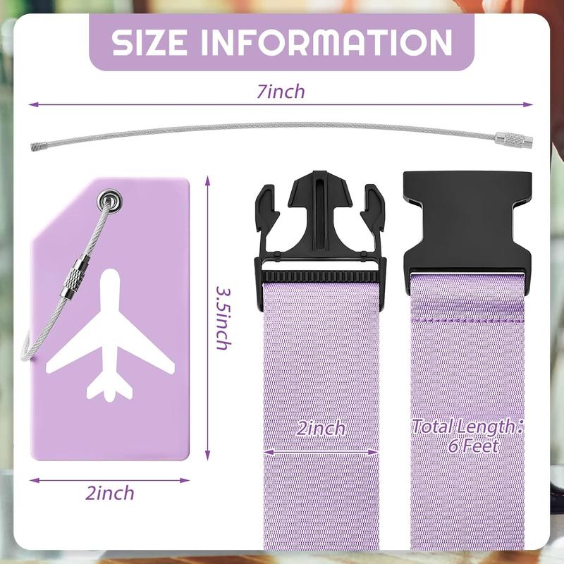 8 Pcs Luggage Straps Suitcase Tags Set for TSA Approved, 4 Travel Adjustable Suitcase Belt, 4 Silicone Luggage Tags with Name ID Card Travel Accessories(Light Purple)