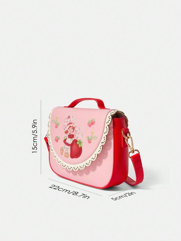 Strawberry Shortcake Cartoon Character & Strawberry Pattern Contrast Laser Cut Scallop Edge Pink Shoulder Bag | Trendy & Cute Strawberry Purse for Stylish Days