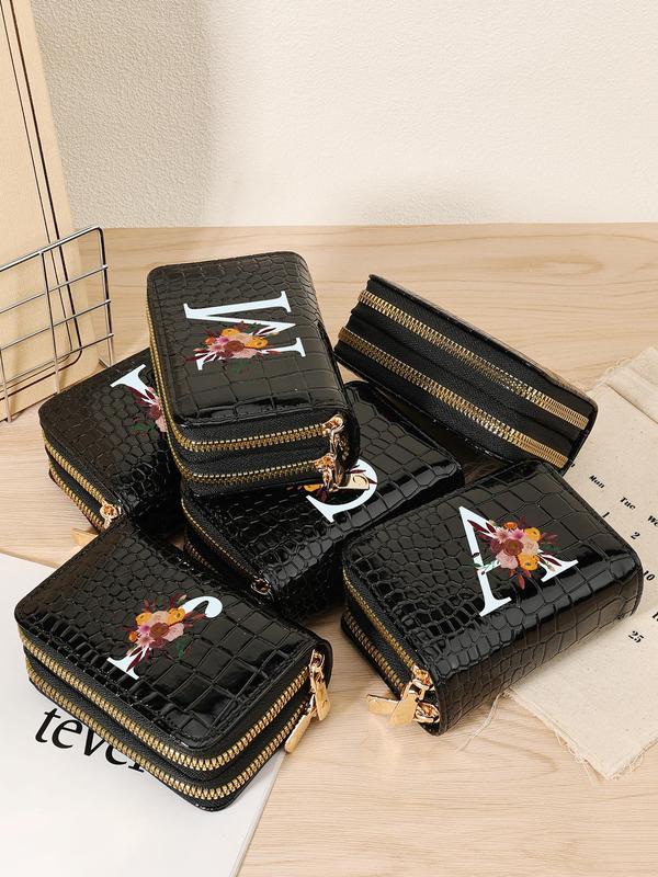 Fashion Letter Crocodile Pattern Short Wallet, 2024 New Style Casual Versatile Zipper Card Holder for Women, Trendy All-match Short Wallet for Daily Use