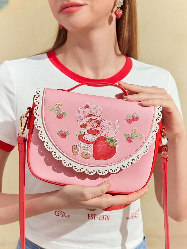 Strawberry Shortcake Cartoon Character & Strawberry Pattern Contrast Laser Cut Scallop Edge Pink Shoulder Bag | Trendy & Cute Strawberry Purse for Stylish Days