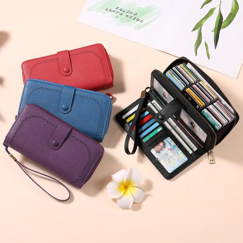 Leather Credit Card Holder Wallet for Women RFID Blocking Large Capacity Bifold Zipper Card Case Organizer with Wristlet 45 Slots