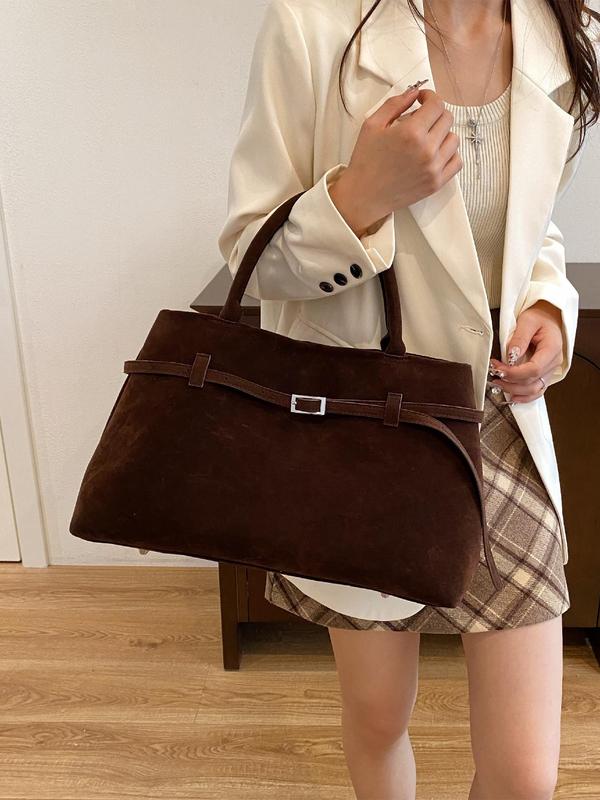 Women's Solid Color Belted Suede Tote Bag, Fashionable Large Capacity Handbag for Daily Used, Casual Trendy Versatile High-quality Daily Commuting Bag