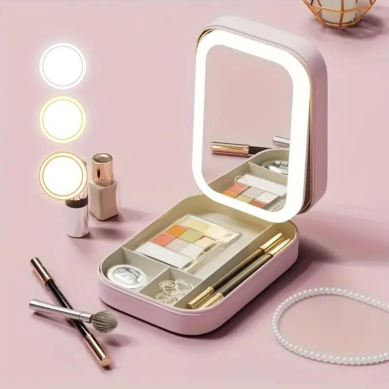 Portable Makeup Travel Box, Large Capacity Cosmetics Storage Box with Mirror and LED Light, Makeup Organizer, Cosmetics Storage Box, Holiday Gifts