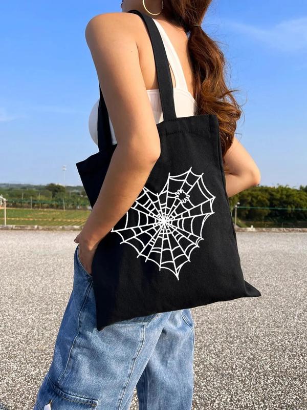 Women's Love Spider Web Print Canvas Shoulder Bag Perfect As Gift, Simple Lightweight Large Capacity Shopping Tote Bag, Creative Personality High Quality Commuter Bag