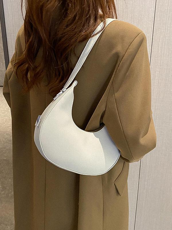 Women's Minimalist Solid Color PU Leather Shoulder Bag, Trendy Half Moon Bag, Fashion All-match Underarm Bag, Casual Commuter Baguette Bag