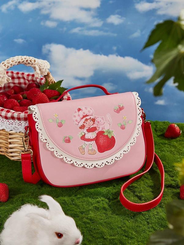 Strawberry Shortcake Cartoon Character & Strawberry Pattern Contrast Laser Cut Scallop Edge Pink Shoulder Bag | Trendy & Cute Strawberry Purse for Stylish Days