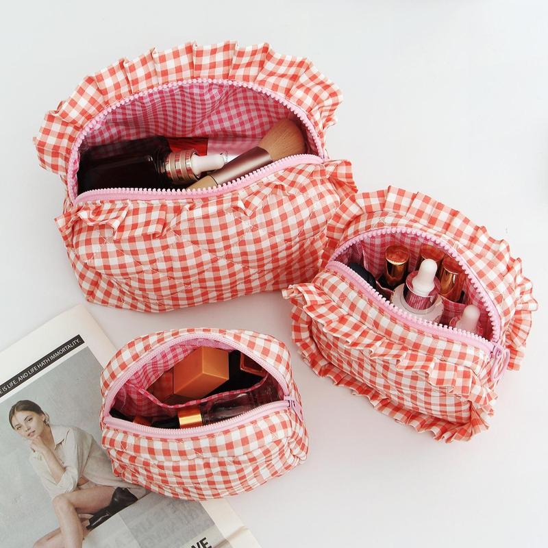 Portable Makeup Bag Set, 3 Counts set Plaid Pattern Makeup Bag & Cosmetic Puff, Versatile Sanitary Napkin Storage Bag, Makeup Organizer Pouch