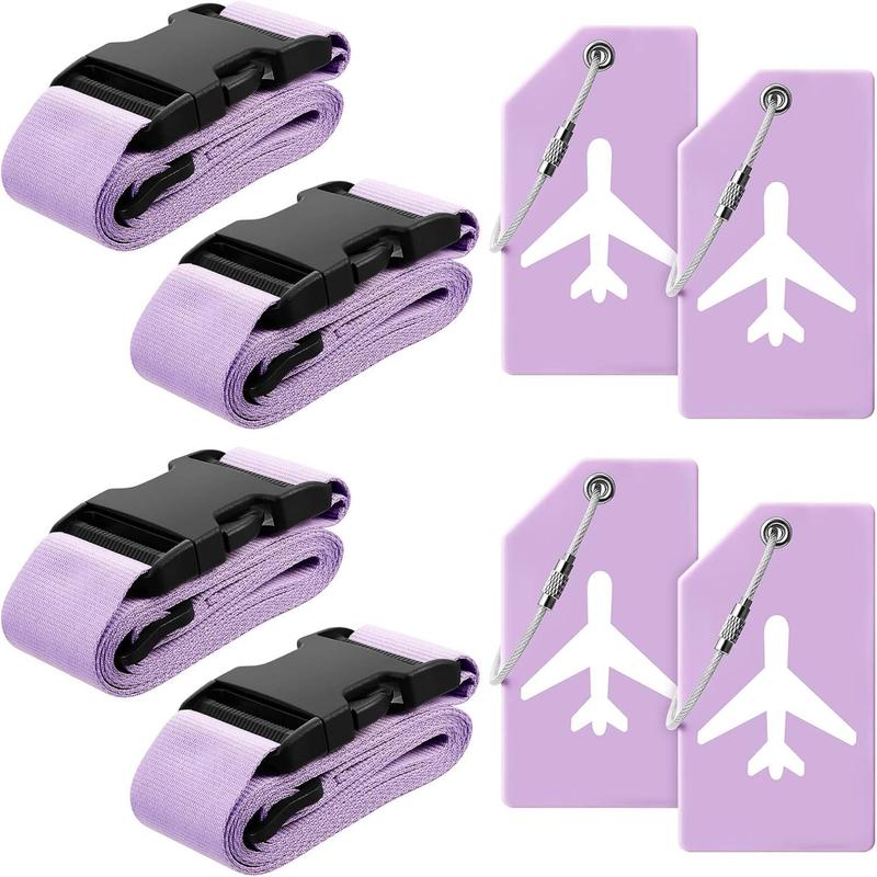 8 Pcs Luggage Straps Suitcase Tags Set for TSA Approved, 4 Travel Adjustable Suitcase Belt, 4 Silicone Luggage Tags with Name ID Card Travel Accessories(Light Purple)