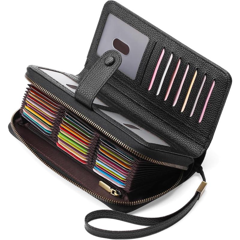 Leather Credit Card Holder Wallet for Women RFID Blocking Large Capacity Bifold Zipper Card Case Organizer with Wristlet 45 Slots