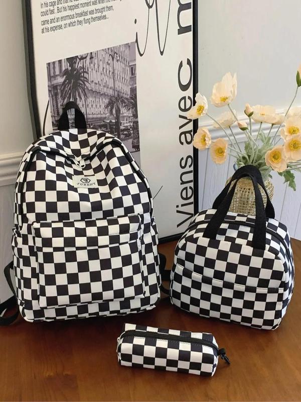 Fashion Checked Pattern Backpack & Lunch Bag & Pencil Case Set, Casual Lightweight Large Capacity Storage Zipper Backpack Set, Versatile Bag Set for Travel & School