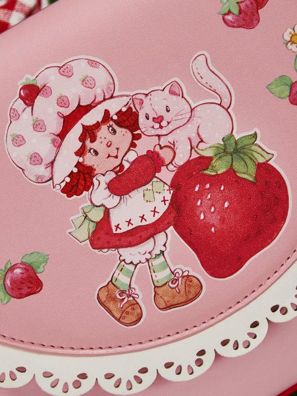 Strawberry Shortcake Cartoon Character & Strawberry Pattern Contrast Laser Cut Scallop Edge Pink Shoulder Bag | Trendy & Cute Strawberry Purse for Stylish Days