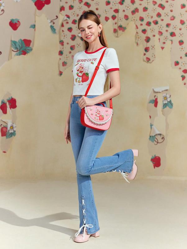 Strawberry Shortcake Cartoon Character & Strawberry Pattern Contrast Laser Cut Scallop Edge Pink Shoulder Bag | Trendy & Cute Strawberry Purse for Stylish Days