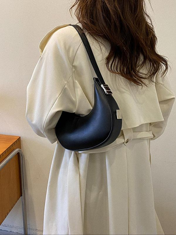 Women's Minimalist Solid Color PU Leather Shoulder Bag, Trendy Half Moon Bag, Fashion All-match Underarm Bag, Casual Commuter Baguette Bag