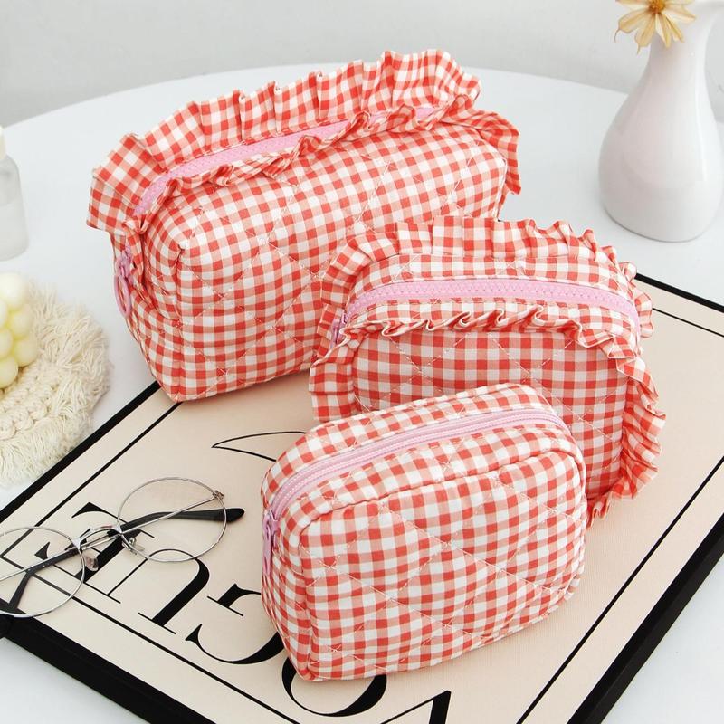 Portable Makeup Bag Set, 3 Counts set Plaid Pattern Makeup Bag & Cosmetic Puff, Versatile Sanitary Napkin Storage Bag, Makeup Organizer Pouch