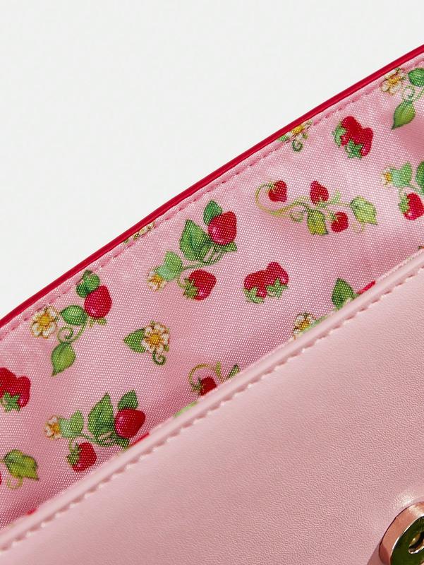 Strawberry Shortcake Cartoon Character & Strawberry Pattern Contrast Laser Cut Scallop Edge Pink Shoulder Bag | Trendy & Cute Strawberry Purse for Stylish Days