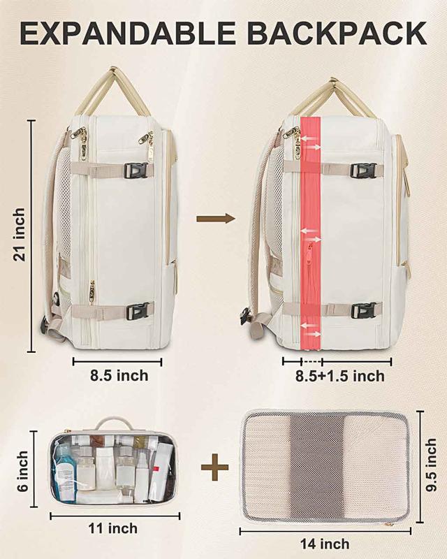 17'' Beige TSA Friendly Carry-on Luggage with Shoes Compartment& 2 Pack Cubes, Expandable Large Travel Laptop Weekend Beach Backpack Personal Item