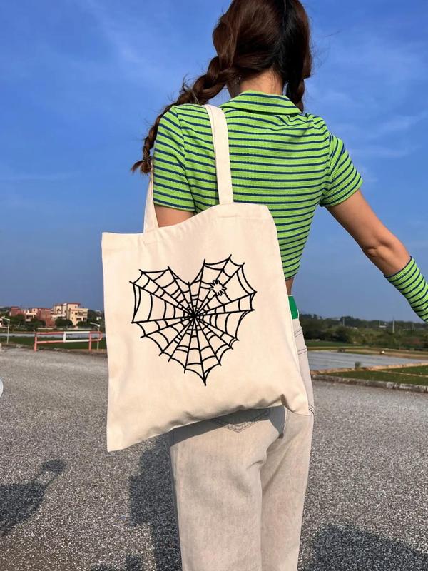 Women's Love Spider Web Print Canvas Shoulder Bag Perfect As Gift, Simple Lightweight Large Capacity Shopping Tote Bag, Creative Personality High Quality Commuter Bag