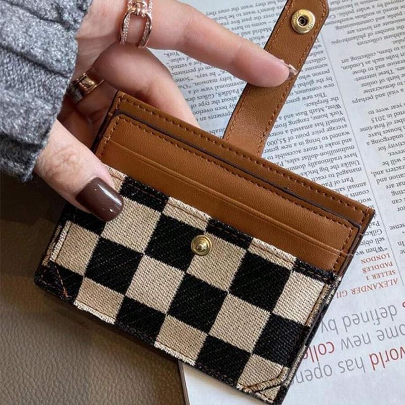 Women's Fashion Colorblock Plaid Short Wallet - Casual Canvas & PU Leather Zipper Card Holder with Snap Closure - Leather Lining & Edging