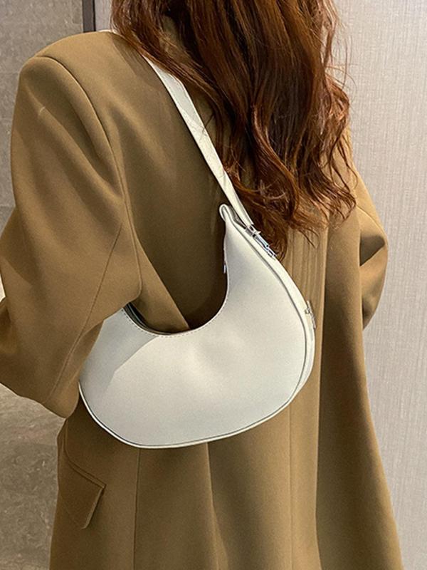 Women's Minimalist Solid Color PU Leather Shoulder Bag, Trendy Half Moon Bag, Fashion All-match Underarm Bag, Casual Commuter Baguette Bag