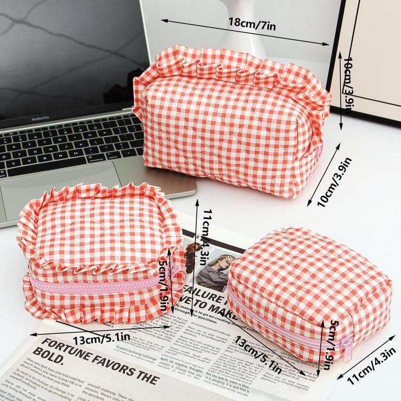 Portable Makeup Bag Set, 3 Counts set Plaid Pattern Makeup Bag & Cosmetic Puff, Versatile Sanitary Napkin Storage Bag, Makeup Organizer Pouch