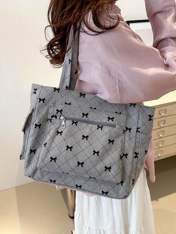 Women's Lightweight Shoulder Tote Bag with Multiple Pockets, Contrasting Color Bow Print and Large Capacity, Suitable for School and College Students