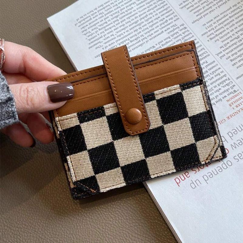 Women's Fashion Colorblock Plaid Short Wallet - Casual Canvas & PU Leather Zipper Card Holder with Snap Closure - Leather Lining & Edging