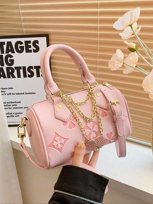 Women's Fashion Floral Embossed Handbag, PU Leather Shoulder Crossbody Bag with Chain Decor, Luxury Designer Handbags, Vintage Boston Bag, Trendy Versatile High-quality Daily Commuting Bag