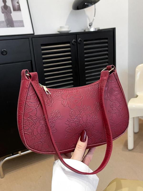 Women's Floral Embossed Shoulder Bag, Fashionable Large Capacity Underarm Bag for Daily Used, Casual Trendy Versatile High-quality Daily Commuting Bag