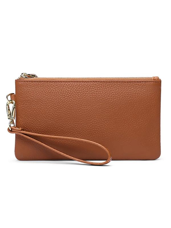 Genuine Leather Women's Solid Color Zipper Long Wallet, Casual Versatile Wristlet Clutch, Simple Design Multi-functional Wallet for Daily Used