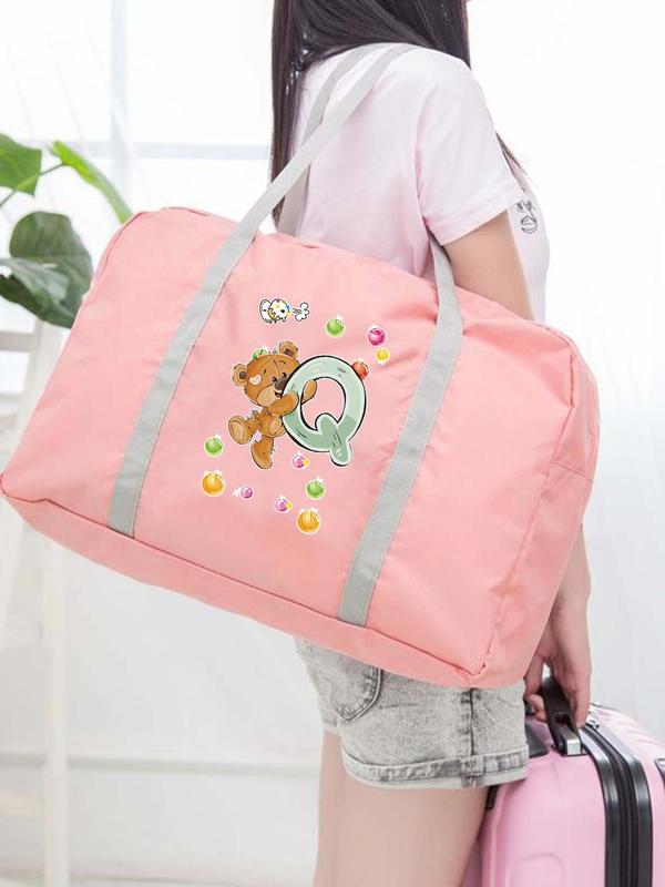 Cartoon Bear & Letter Pattern Travel Bag, Large Capacity Nylon Clothes Storage Bag, Portable Zipper Luggage Bag for Women & Men