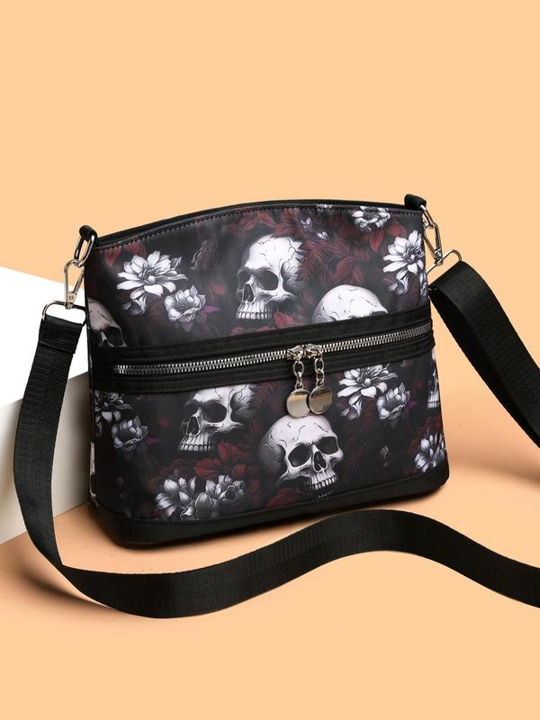 Fashionable Skull & Floral Pattern Zipper Crossbody Bag, Designer Crossbody Bags, Casual Versatile Shoulder Bag for Women, All-match Commuter Bag for Daily Used, Girl Fashionable Shopping Bag