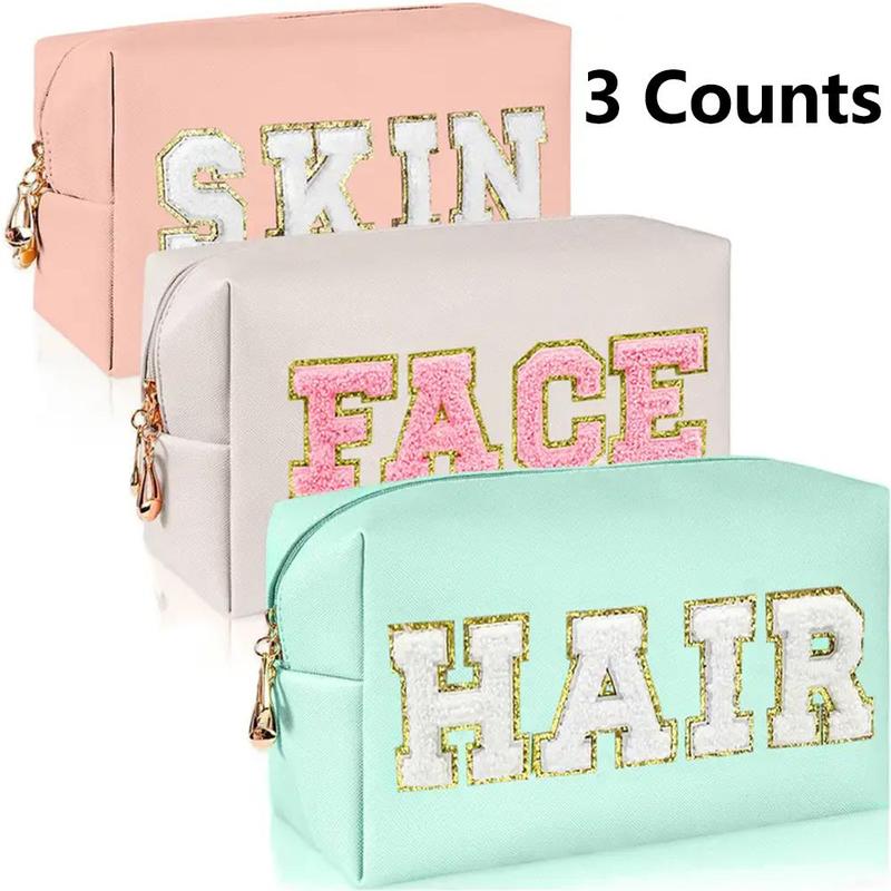 Letter Pattern Makeup Bag, 3 Counts set Waterproof Cosmetic Storage Bag, Zipper Makeup Organizer Pouch, Versatile Storage Bag for Travel, Gym, Office, Home