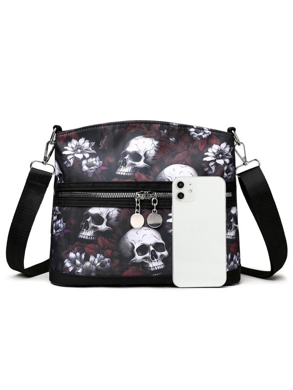 Fashionable Skull & Floral Pattern Zipper Crossbody Bag, Designer Crossbody Bags, Casual Versatile Shoulder Bag for Women, All-match Commuter Bag for Daily Used, Girl Fashionable Shopping Bag