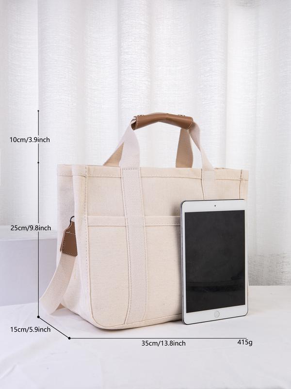 Canvas Tote Bag with Multi Pockets Crossbody Tote Bag for Women Trendy Shoulder Handbag Everything Tote Bag with Compartments (Beige)