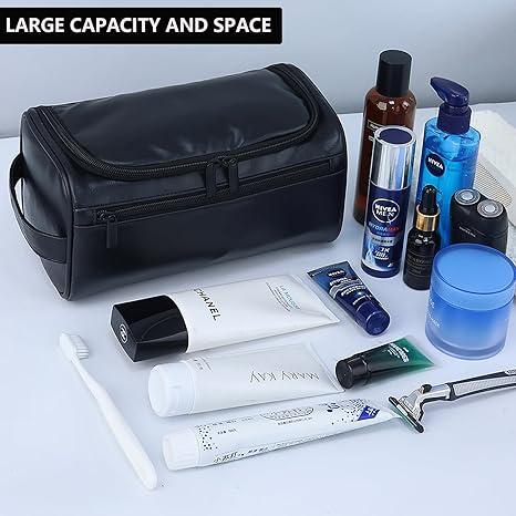 Toiletry Bag for Men Women, Mens Travel Bag Toiletries Organizer Case for Grooming, Travel Essentials Shaving Dopp Kit, PU Leather Water Resistant Cosmetic Pouch, Black